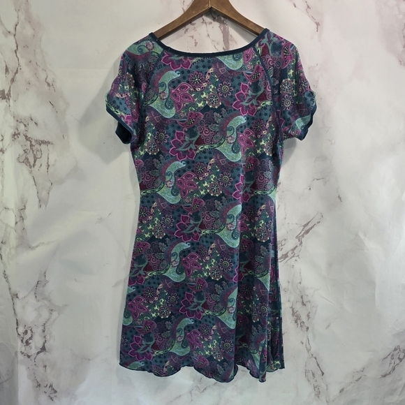 Title Nine Dress Women Medium Green Pink Mini Stretch Jersey Paisley Lettuce Hem - Picture 5 of 11